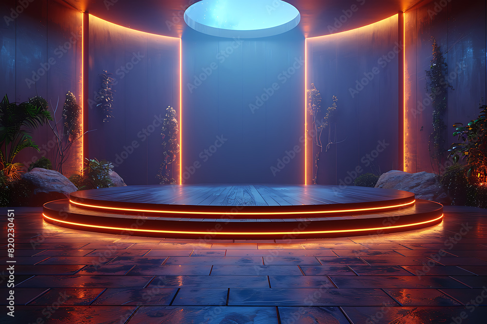 Poster a futuristic 3d podium illuminated with vibrant neon lights, creating a striking and modern visual e