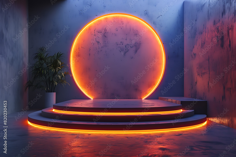 Poster a futuristic 3d podium illuminated with vibrant neon lights, creating a striking and modern visual e