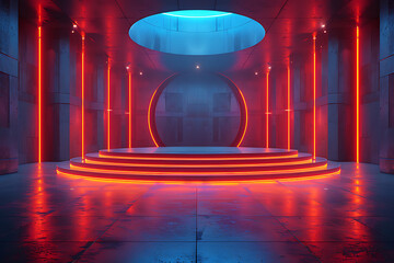 A futuristic 3D podium illuminated with vibrant neon lights, creating a striking and modern visual effect perfect for high-tech presentations or digital displays
