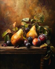 Still Life with Pears, Grapes, and Apples on a Rustic Table