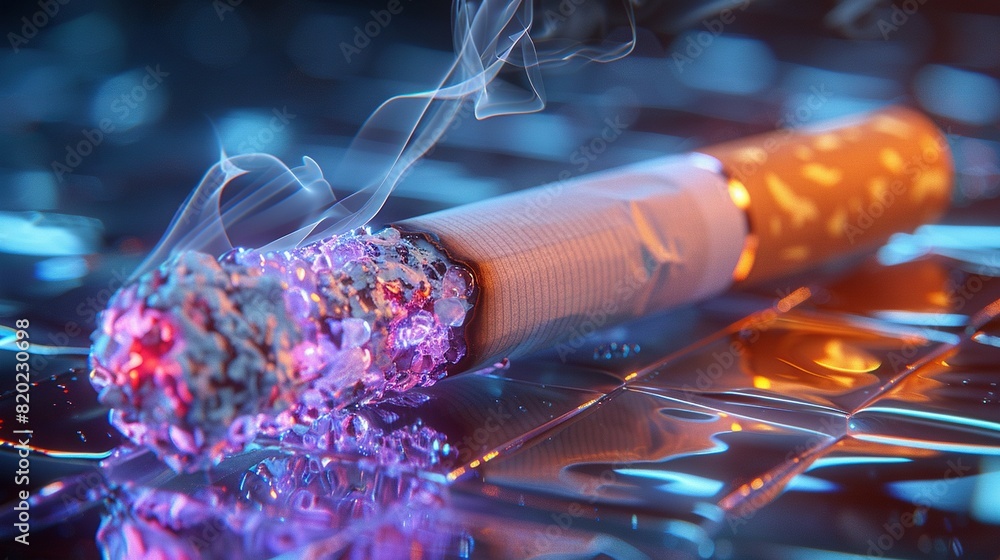 Poster close-up of a cigarette atop a computer keyboard with smoke rising from its top