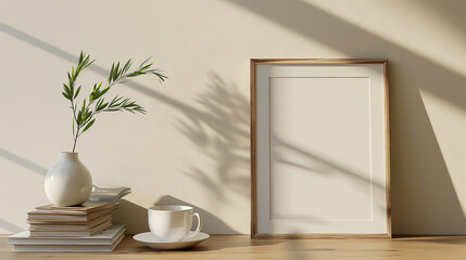 Frames mockup on wooden table, vase table with olive branch, Elegant workspace, Home office concept, Interior design