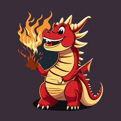 Baby fire dragon or dinosaur cute characters isolated vector. Fairytale monsters.