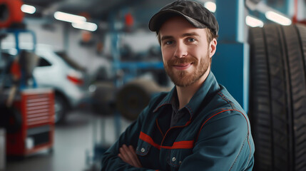 Close up smiling face auto mechanic caucasian man in uniform looking to camera standing at tire shop or car repair station. Auto service, repair, maintenance concept