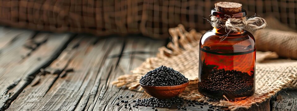black seed essential oil close-up. Selective focus