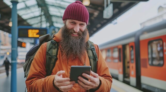 Smiling bearded man looking at his smart phone at a train station.