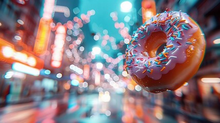   A donut hanging from a string with icing and sprinkles on a city street at night is an image that needs optimization It would be helpful to specify the type of donut, - Powered by Adobe
