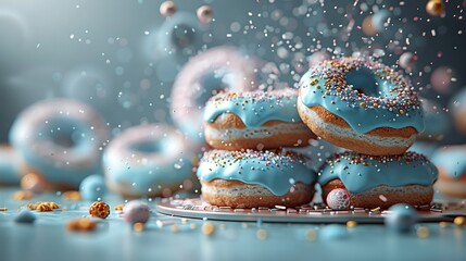   A plate of doughnuts with blue frosting and sprinkles