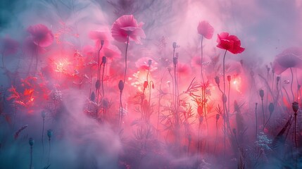   A group of pink flowers in a foggy field with red and pink light emanating from their center