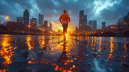 Jogger in neon sportswear on city streets at sunrise