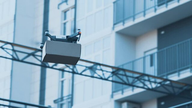 Humanitarian aid for infected people. Drone with food and medicine parcel flying in residential area