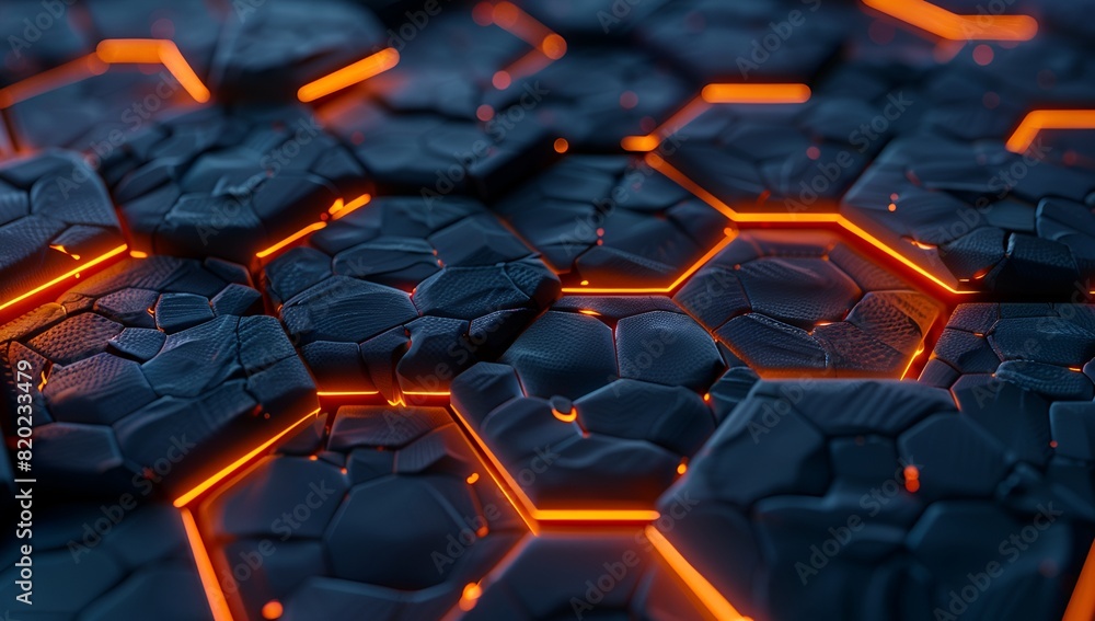Poster 3d render of dark blue hexagon pattern with glowing orange cracks