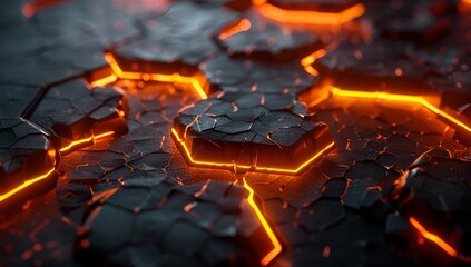 3d render of dark hexagon abstract background with glowing cracks, glowing orange light effect on black wallpaper
