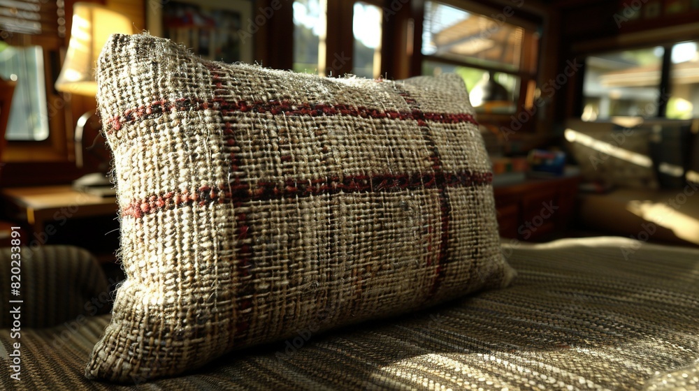Poster a close-up pillow on a bed with a couch and table visible in the background