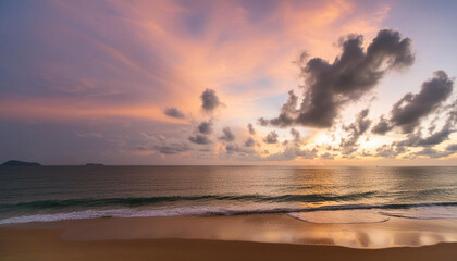 Obraz premium sky with colorful sunrise; wide angle, aerial view; abstract background and dramatic evening cloud scene at sunset time in summer season on beautiful exotic beach.