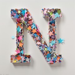 A beautiful Letter N written with beautiful confetti decorations on plain background.