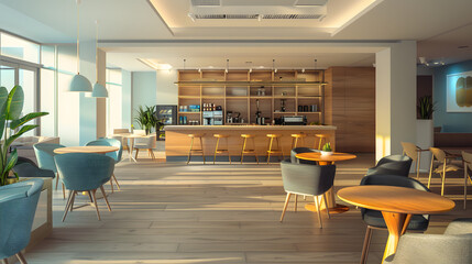 Open-plan office with a coffee bar and relaxation zone.