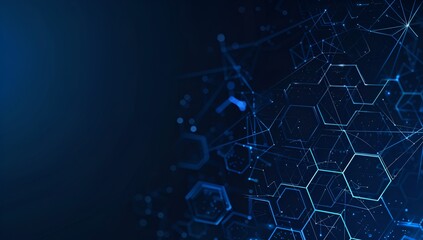 Obraz premium Abstract technology background with a hexagon pattern and connection lines, depicting a digital network concept for science or medical research in the style of a vector illustration on a dark blue col