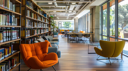 Open-plan office with a library and reading nook.