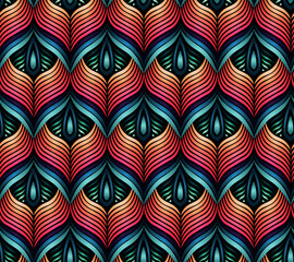 Seamless geometric pattern vector, orange and blue color, peacock elegance textile fabric design