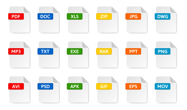 File type icons. Pdf, doc and xls document formats. Zip and jpg file extensions. Mp3, txt, exe, rar and gif files. Avi, mov, apk, eps and png file icons. Dwg drawing, ppt presentation