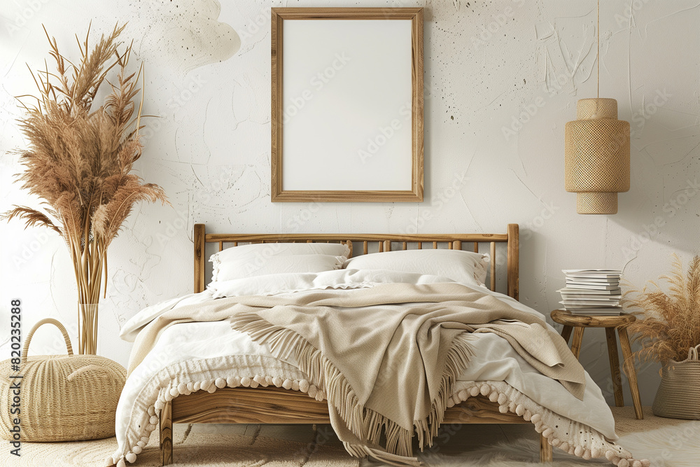 Wall mural Vertical frame mockup in boho bedroom interior with wooden bed beige fringed blanket cushion with tassels dried pampas grass and wicker lamp on white wall background. 3d rendering 3d illustration - Wall murals