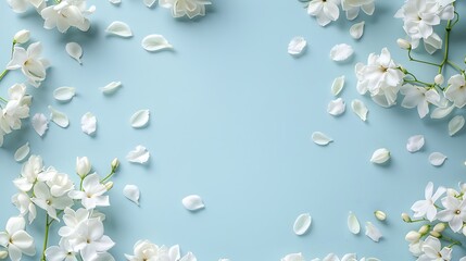 light blue background with white jasmine flowers and petals border frame