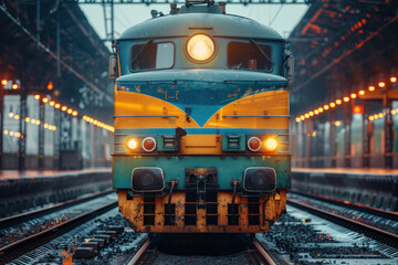 Obraz premium A diesel locomotive moves along the railway track in front in front. Lokomotiv leaves the depot