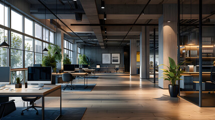 Open-plan office with dynamic lighting setups.