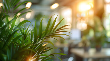 Open-plan office with green plants and natural elements.
