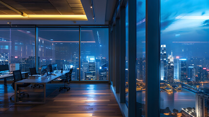 Open-plan office with skyline views at night.
