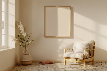 Vertical wooden frame mockup in trendy minimalist living room interior with rounded beige armchair and warm neutral background. Illustration 3d rendering