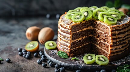   A chocolate cake with kiwi slices carved out and surrounded by kiwis and blueberries