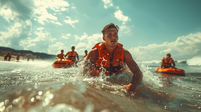 beach lifeguard training, a seasoned beach lifeguard, strong and confident, demonstrates a rescue drill with his team, practicing swift water rescues and first aid techniques in the hot sun - Powered by Adobe