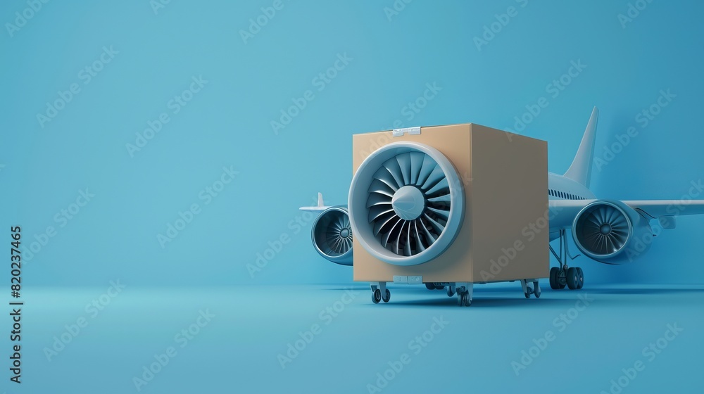 Sticker a 3d illustration of a cargo box with an airplane engine against a blue background, emphasizing fast