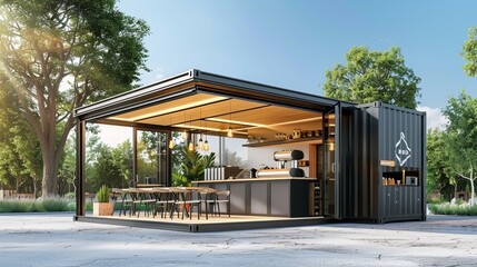 A 3D illustration of a 20ft container cafe