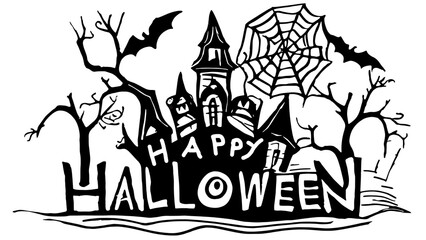 Happy Halloween poster, cartoon style, kids coloring page, transparent background, illustration.