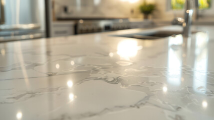 Marble kitchen countertop with a modern design and a bright, clean appearance.