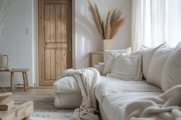 White sofa near wooden door. Scandinavian home interior design of modern living room.