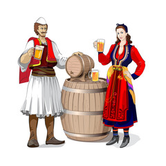 Albanian couple men and women with folklore dress costume from south near wood barrel and with beer glass in hand