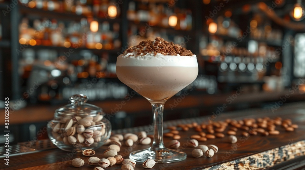 Poster a close-up of a dessert in a glass sits on a table, with nuts and a bar visible in the background