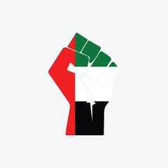Flag of The United Arab Emirates in the shape of raised hand sign isolated on background. Fist symbol modern, simple, vector, icon for website design, mobile app, ui. Vector Illustration