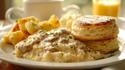 Plate with biscuits and gravy, potatoes, and orange juice.