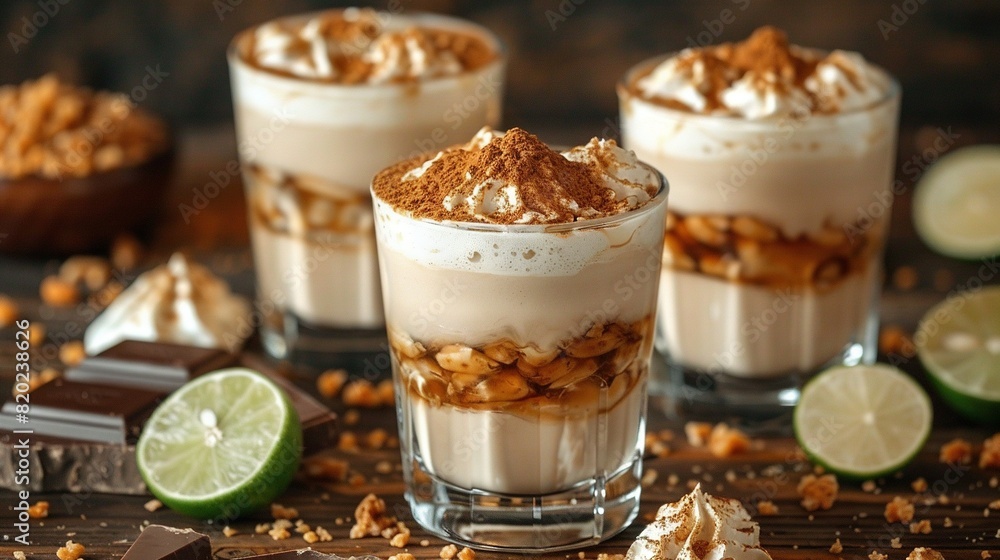 Poster a close-up of a dessert in a glass on a table with a lime slice and a chocolate bar in the backgroun