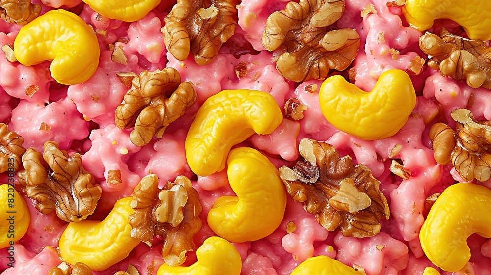 Poster a close-up image of mixed candy and nuts arranged to resemble a candy cornucopia
