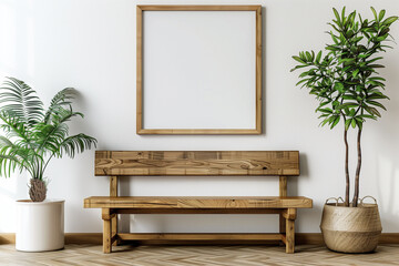 Wooden bench near white wall with poster frame. Scandinavian interior design of modern hall.