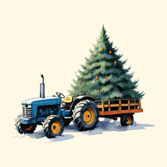 Watercolor Farm Tractor With Christmas Tree Illustration