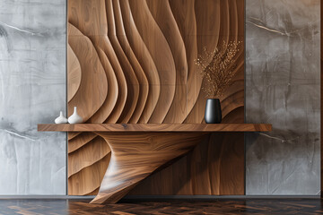 Wooden console table near 3d wood paneling carving wall. Minimalist interior design of modern home entryway hall.