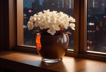 Dainty, pale Bachelors Button  petals neatly arranged in a minimalist,  vase resting on a smooth,luminous window