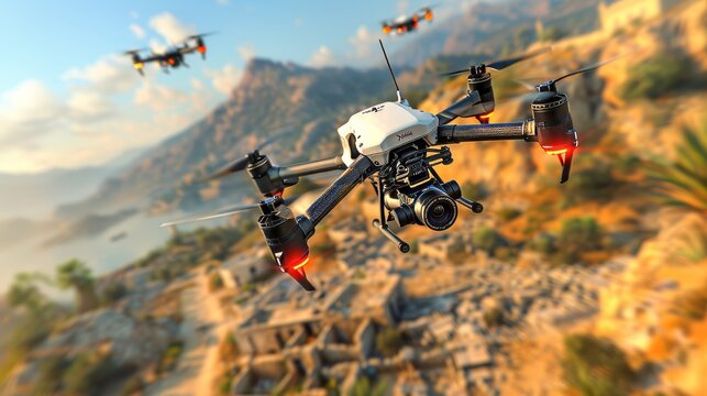 A military scene depicting multiple white military combat drones flying through the air over enemy territory. The ruined city is below.